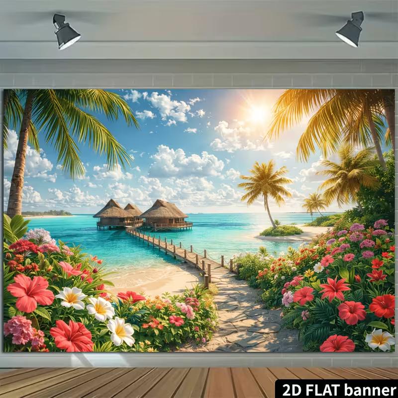 2D Hawaii Seaside Floral Ocean View Photo Backdrop Party Decor Background Cloth