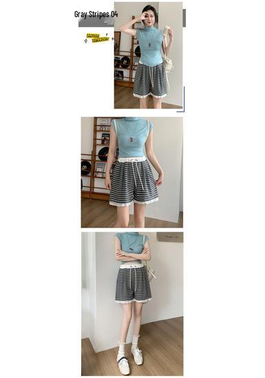 2026 New Style Striped Maternity Shorts with Lace Trim for Petite Women – Casual Wide-Leg Summer Pants Without Belly Support