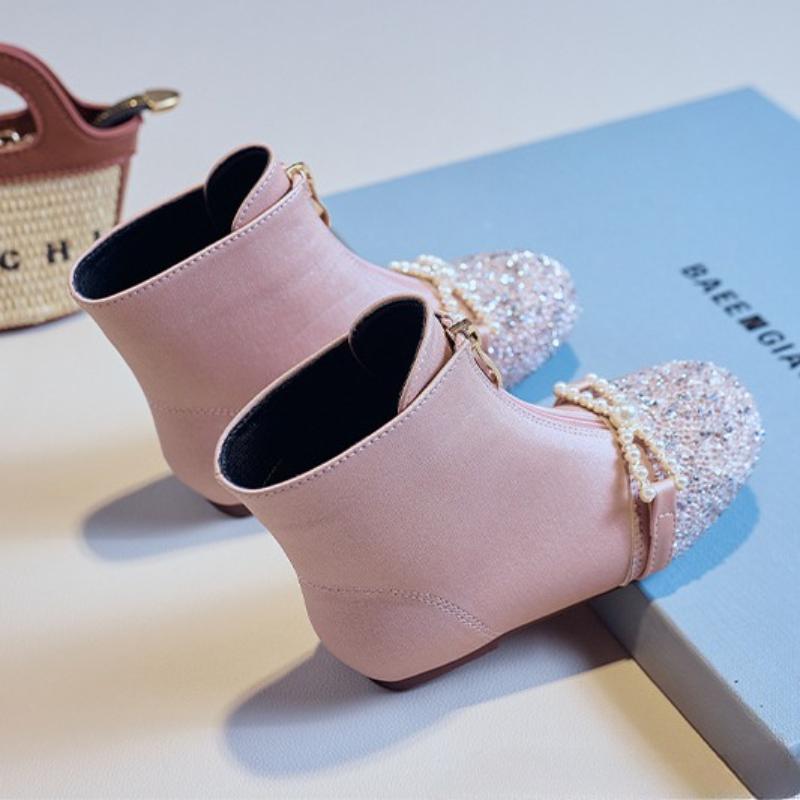 Girls Boots Children's Spring and Autumn Single Boots Baby Boots Winter Plus Velvet Performance Princess Crystal Short Boots