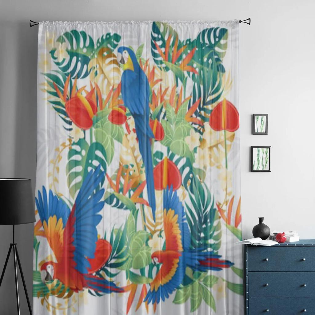 Cute Parrot Green Leaves Sheer Window Curtains for Living Room Girl Bedroom Tulle Curtains Kitchen Veil Chiffon Drapes