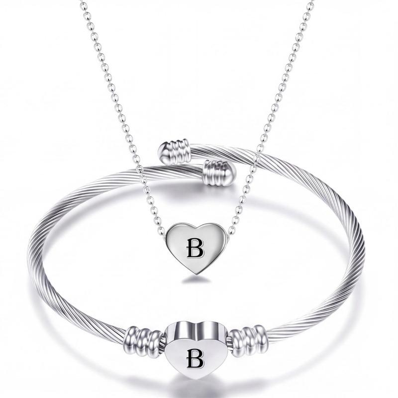 Diy 26 Letters Fadeless Stainless Steel Heart Pendant Necklace Bracelet Set For Women