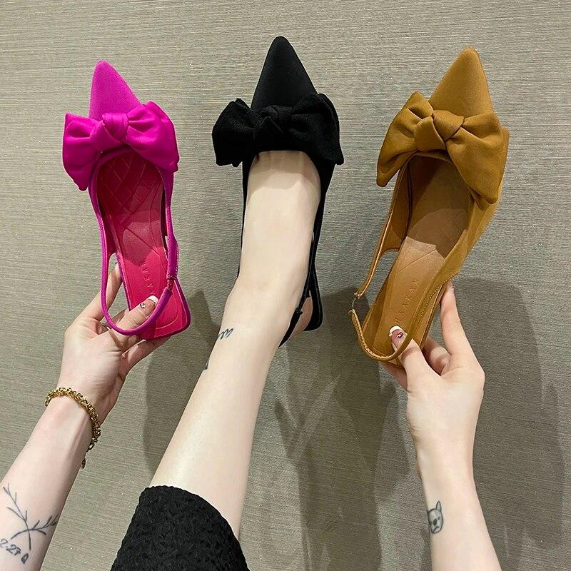7cm Summer Brand Women Slingback Sandals Shoes Fashion Bow-knot Pointed Toe Slip On Ladies Elegant Dress Pumps Shoes