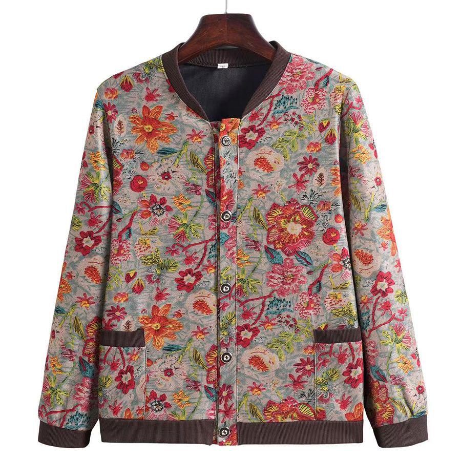 Elegant Floral Plus Size Jacket for Mid-Aged & Elderly Women - Spring/Autumn Casual & Fashionable Baseball Uniform Style