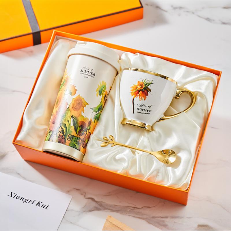 316 Stain Steel Thermos Cups 500ml Coffee Mug with Spoon Set of 3, Floral Ceramic Mug Gift Box for Birthday Wedding Christmas Valentine's Day