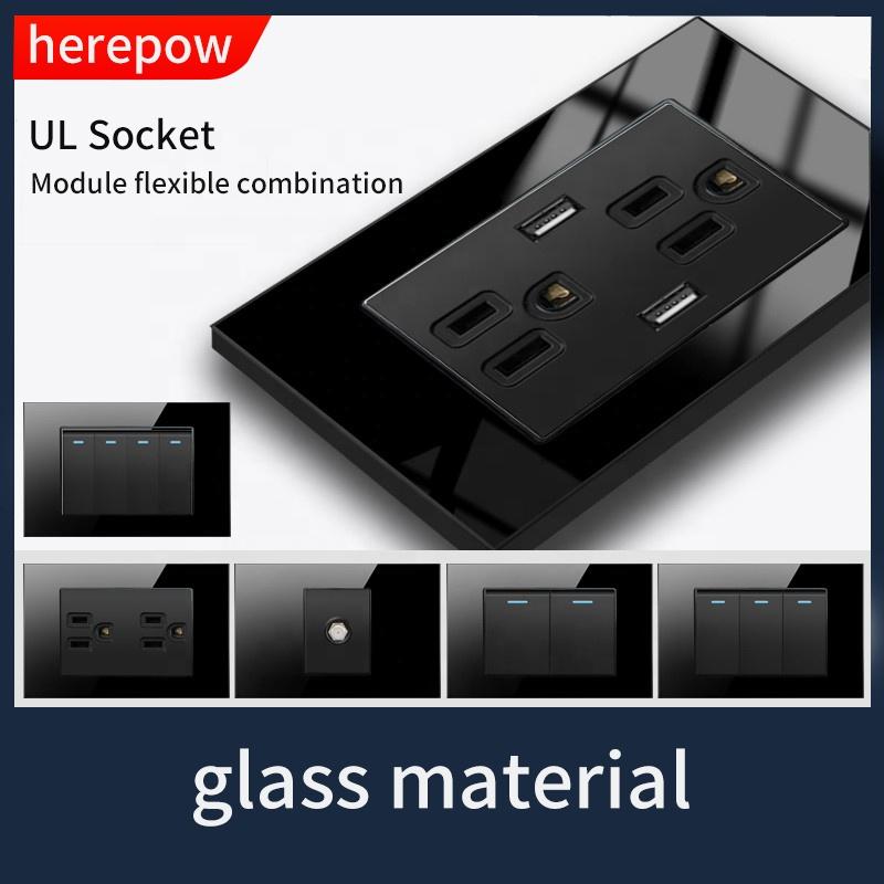 US Double Wall Socket Glass Panel and Switches Plug Universal Electric Power Standard 3pin Outlet Canada
