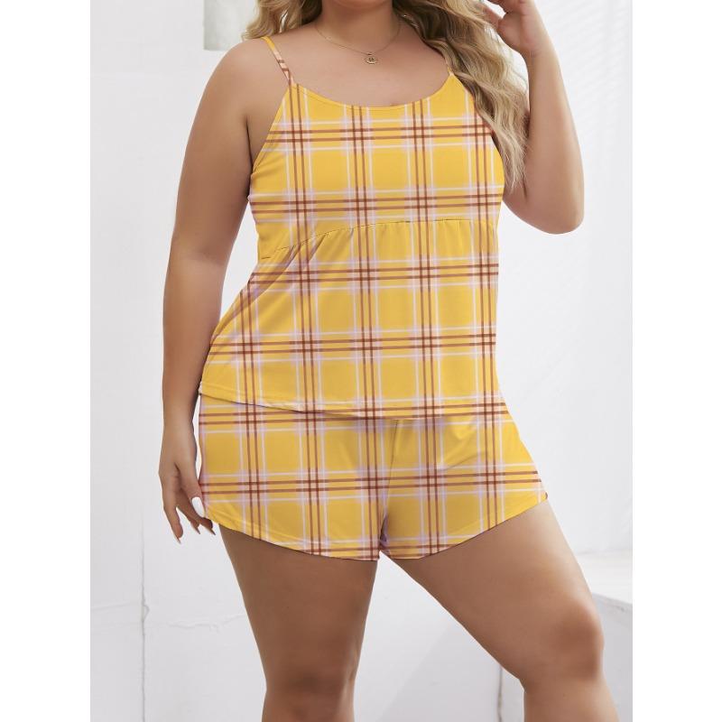 

Женская пижама летняя халтер клетчатый топ шорты домашняя одежда два комплекта 5XL