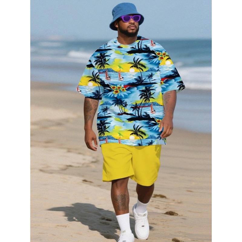 

Men s Oil Painting Coconut Tree Vacation Short-sleeved T-shirt Shorts Two-piece Set S