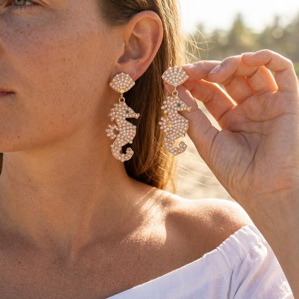 Summer Metal Starfish Imitation Pearl Drop Earrings for Women Fashion Shell Pearl Seahorse Dangle Earring Vacation Jewelry Gifts
