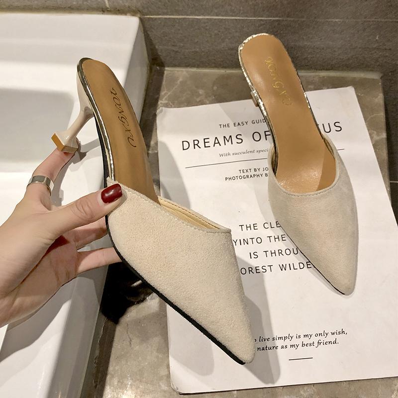 Kitten Heel Baotou Slippers Women Spring and Summer New Versatile Pointed Toe High Heels Stiletto Half Slippers