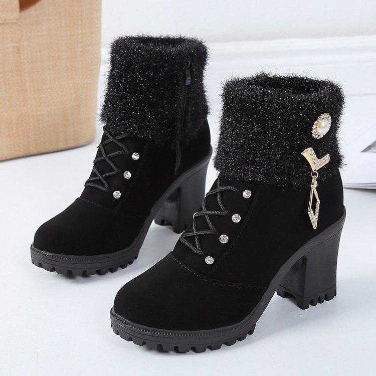 

Women s Chunky Heeled Ankle Boots Autumn Fashion Rhindiamonds Solid Color High Heels Shoes Female Lace Up Platform Short Booties 35 чёрный
