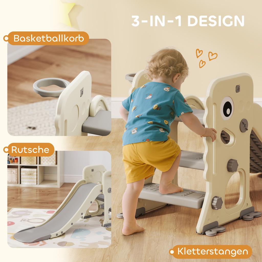 3 in 1 Kids Slide with Climber, Basketball Hoop and Ball, Foldable Indoor Toddler Slide for Ages 2-5, Cream White