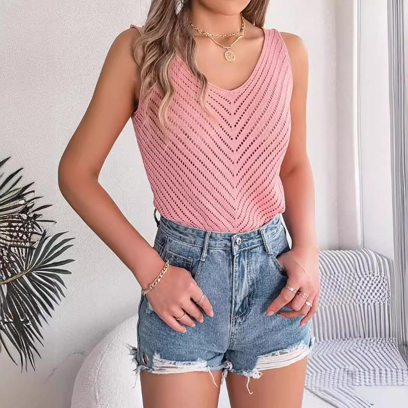 Summer Tops Solid Color V-neck Hollow Out Sleeveless Knitted Sweater Fashion Vacation Vest Women's Clothing