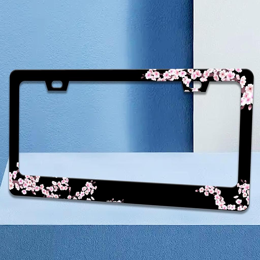 Cherry Blossoms License Plate Frame Beautiful Pink Flowers License Plate Frames Funny Auto Accessory Bracket Stainless Steel License Plate for Women