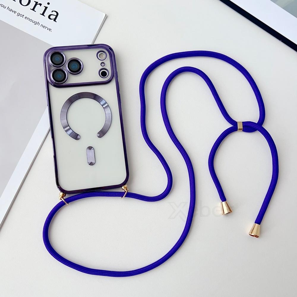 Crossbody Necklace Lanyard Plating Magnetic Case For iPhone 17 Pro Max 16 15 13 12 14 Plus Clear For Magsafe Soft Silicone Cover