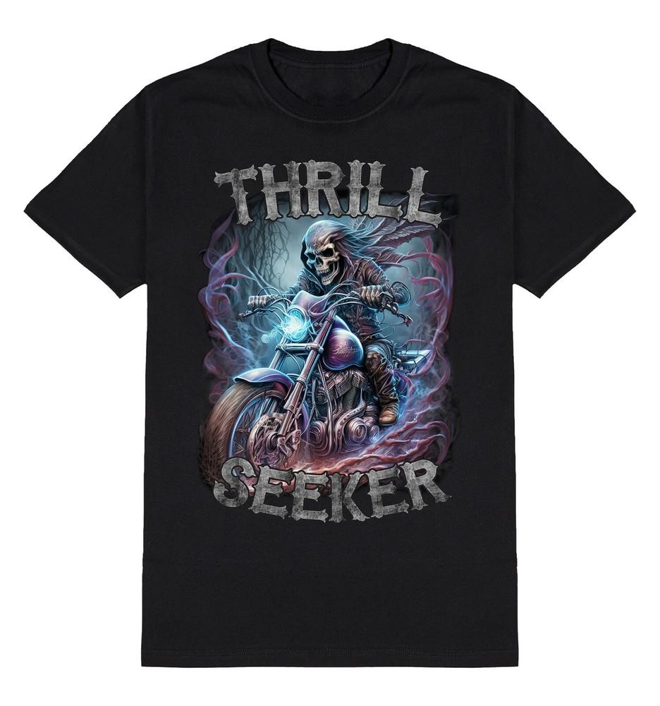 

Mens BIKER T-Shirt Thrill Seeker SKELETON Motorcycle Bike Motorbike Chopper Goth 4XL