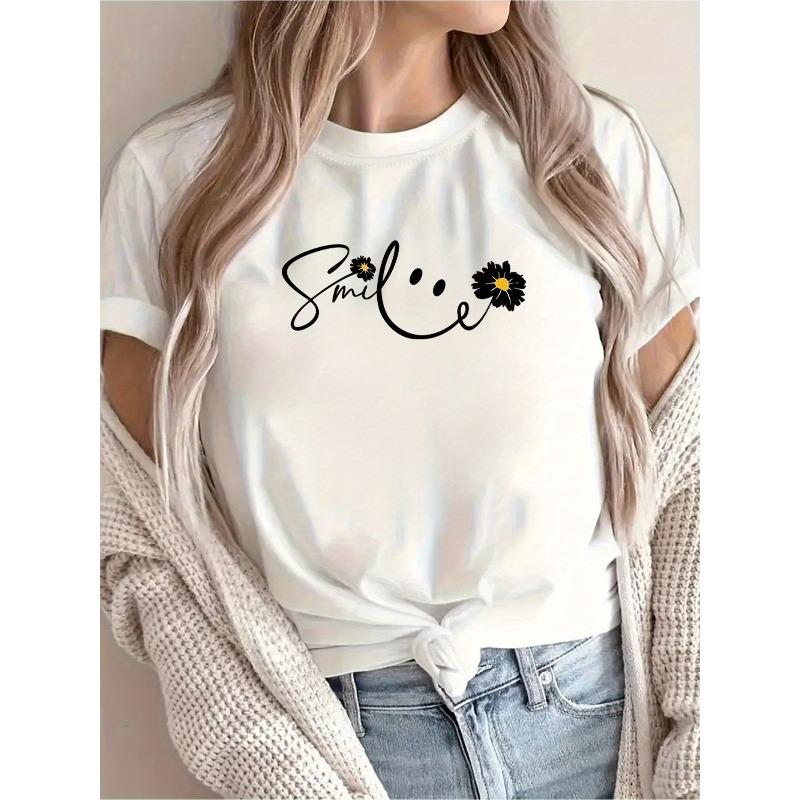 

Smile Monogram Print T-Shirt Women s Casual Short Sleeve Round Neck Spring Summer Vacation Tee M белый