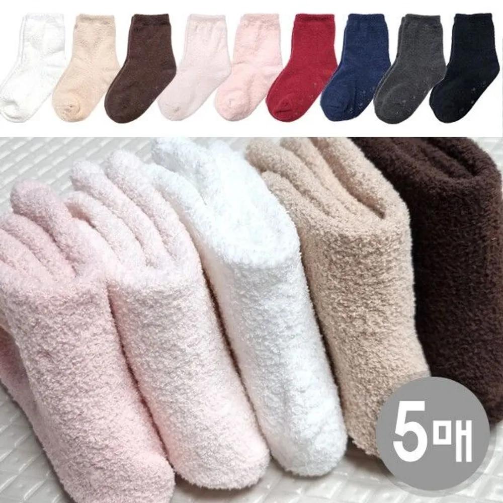 [J.Cotton] 5 Pairs of Children s Winter Socks Plain Solid Color Toddler/Kids Fleece-Lined Sleep Socks pink