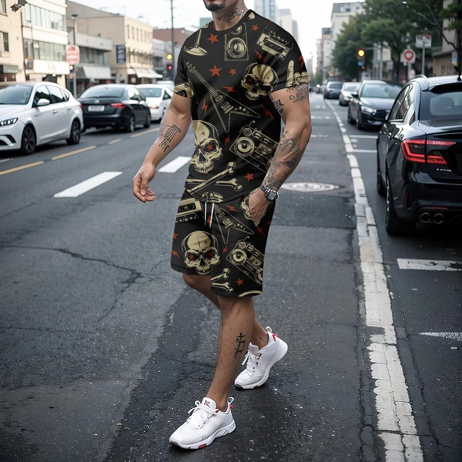 

Літній чоловічий комплект модний спортивний одяг з 3D принтом черепа чоловіча футболка з короткими рукавами + спортивні шорти комплект повсякденний спортивний комплект 6XL