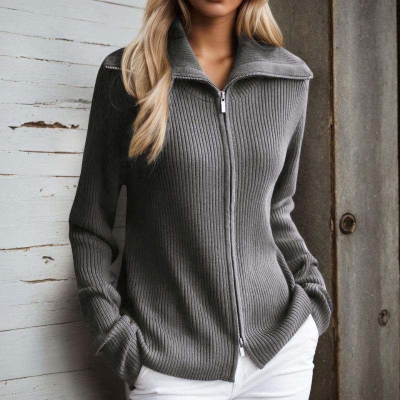 Dames Effen Kleur Revers Rits Lange Mouwen Gebreide Cardigan Trui Jas