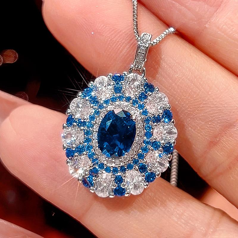 

Luxury Oval Cut Ruby Red Sapphire Blue Ring Necklace Adjustable Double Halo Design with Pink Elegant Jewelry Women Party Gift
