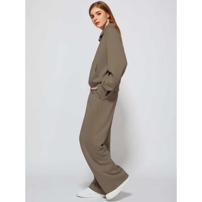 Women Stand Collar Zipper Long Sleeve Casual Sports Two Piece Sweatshirt And Pants Set