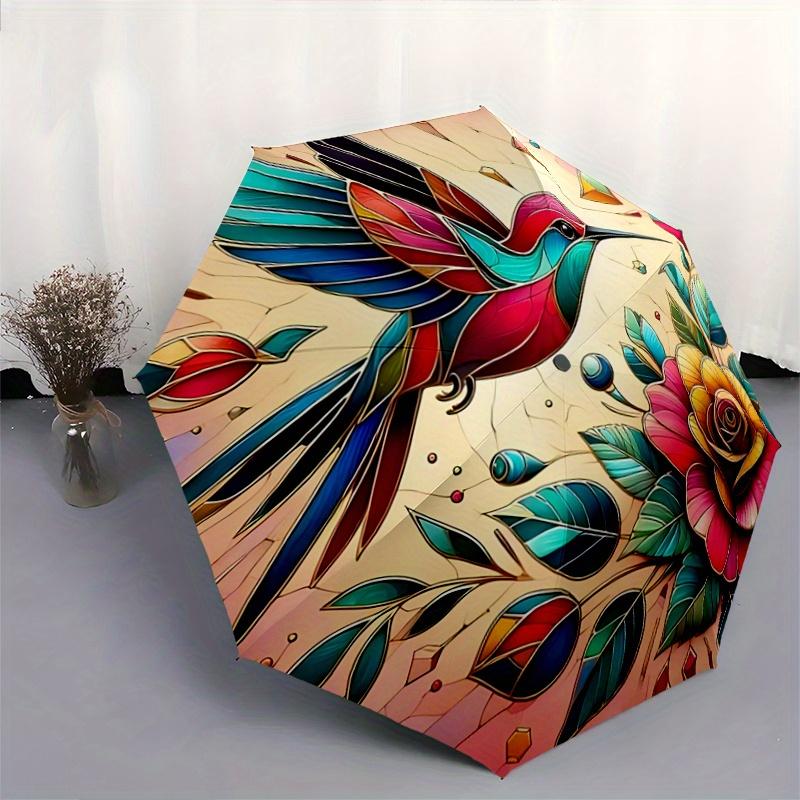 1pc Stained Glass Hummingbird Theme Automatic, Cute Cartoon Pattern, Portable Outdoor Umbrella, Perfect, Holiday Gift for fans.A082