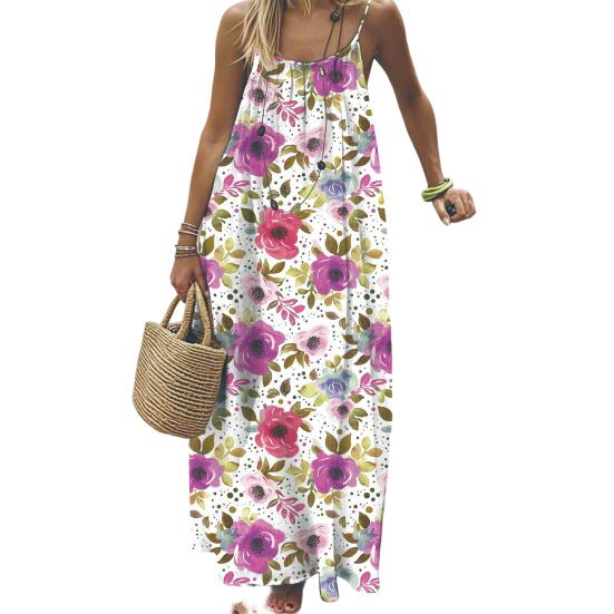 Women Long Slip Dress Breathable Summer Floral Print Casual Sleeveless Dress Spaghetti Strap Loose Swing Hem Ankle Length Beach Dress