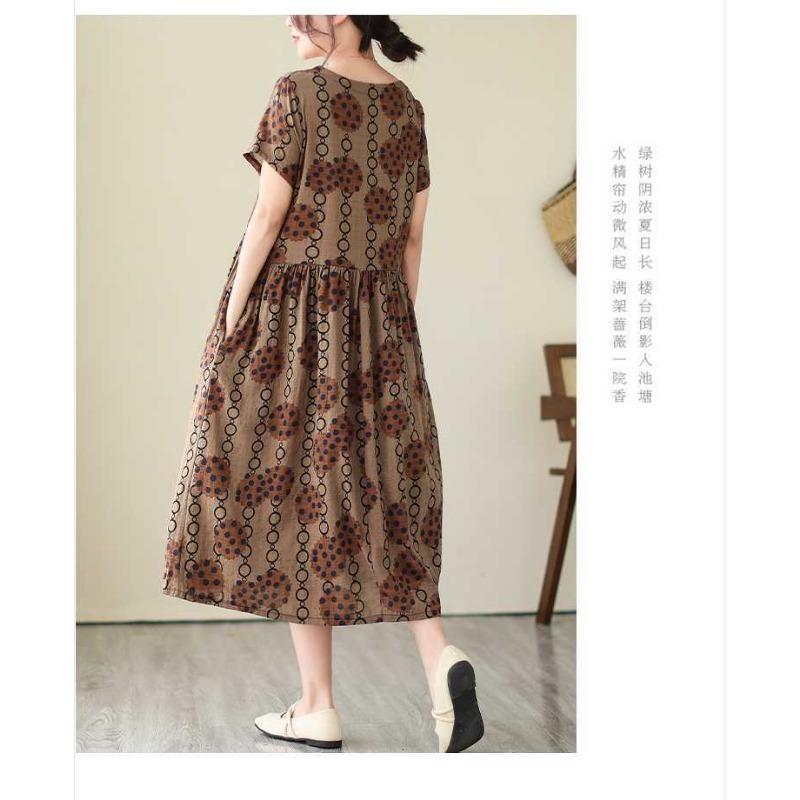 2025 Summer New Retro Literary Loose Round Neck Short Sleeve Midi Dresses