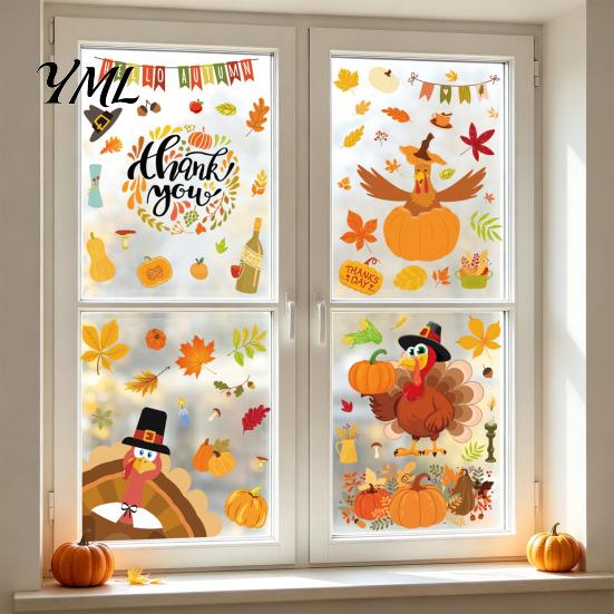Removable Glass Stickers 4 Sheets Thanksgiving Static Window Stickers, Decorative Vinyl Decals, Autumn Turkey Pumpkin Maple Leaves Patterns