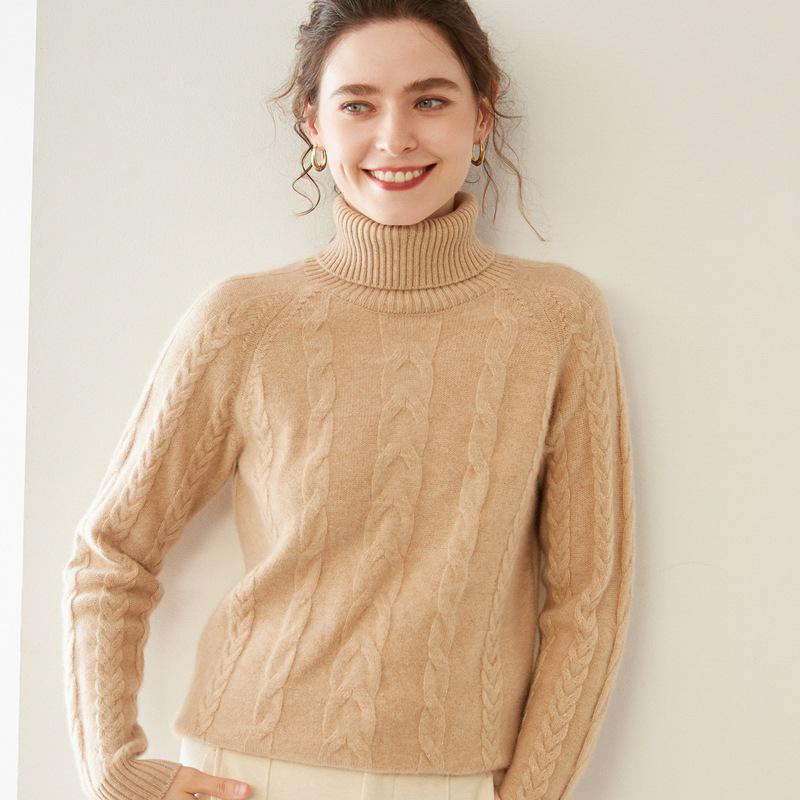 Women's Double-Strand Thick Cable Knit Cashmere Sweater - Long-Sleeved, Mid-Length, Autumn/Winter High-End Base Shirt