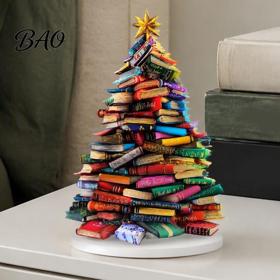 Artistic Holiday Room Accents Stacked Book Christmas Tree Ornament, 2D Flat Stacking Hanging Decoration, Acrylic Ornament Gift Reading Theme Pendant,