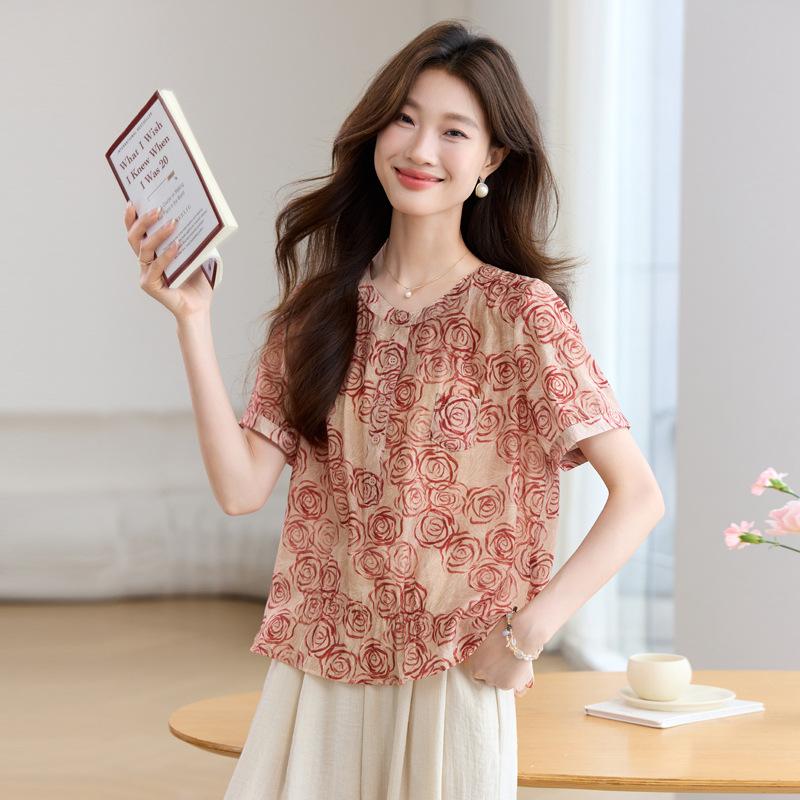 

Легкая цветочная шифоновая футболка с коротким рукавом, женская летняя новая рубашка средней длины, свободного кроя и тонкая XL