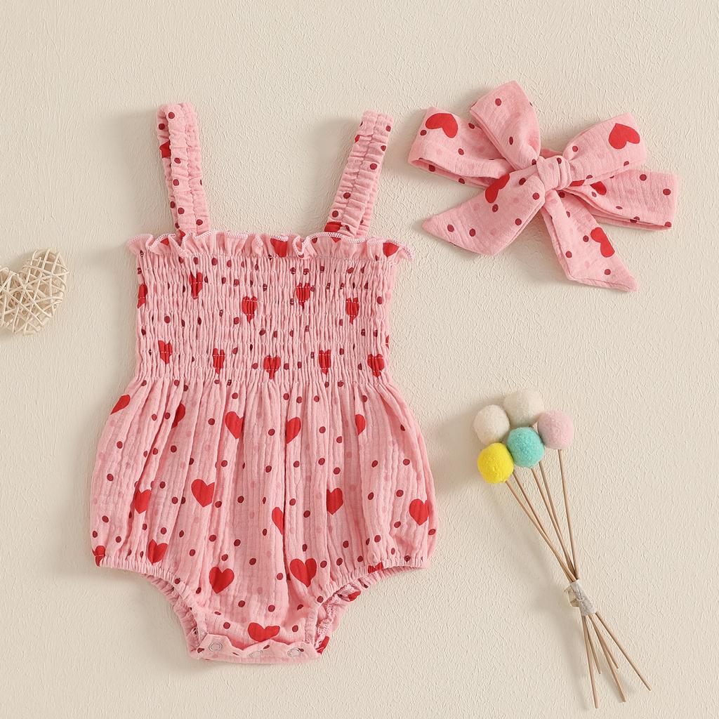 Baby Girl 2Pcs Summer Outfits Sleeveless Heart Print Smocked Romper with Headband Set Infant Clothes