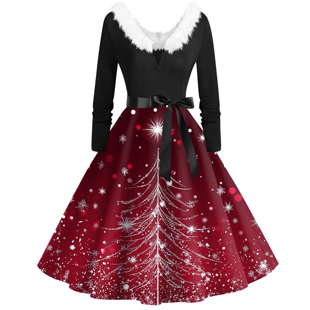 Women's Fashion V-Neck Casual Slim Christmas Printed Long Sleeve Hair Collar Dresses