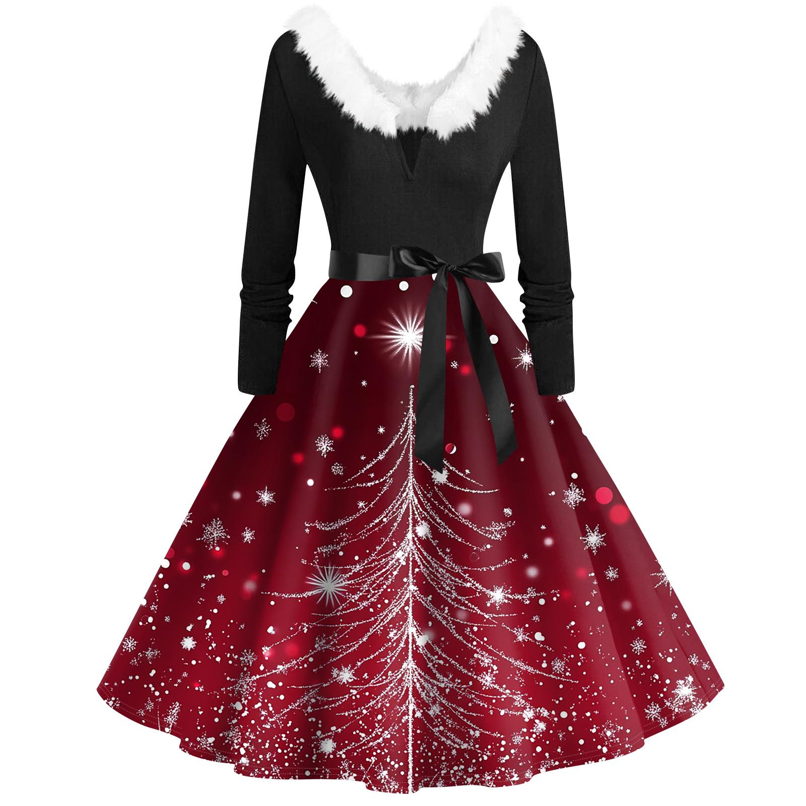 

Женская мода с v-образным вырезом, повседневные тонкие рождественские платья с воротником из волос и длинными рукавами с принтом XL винный