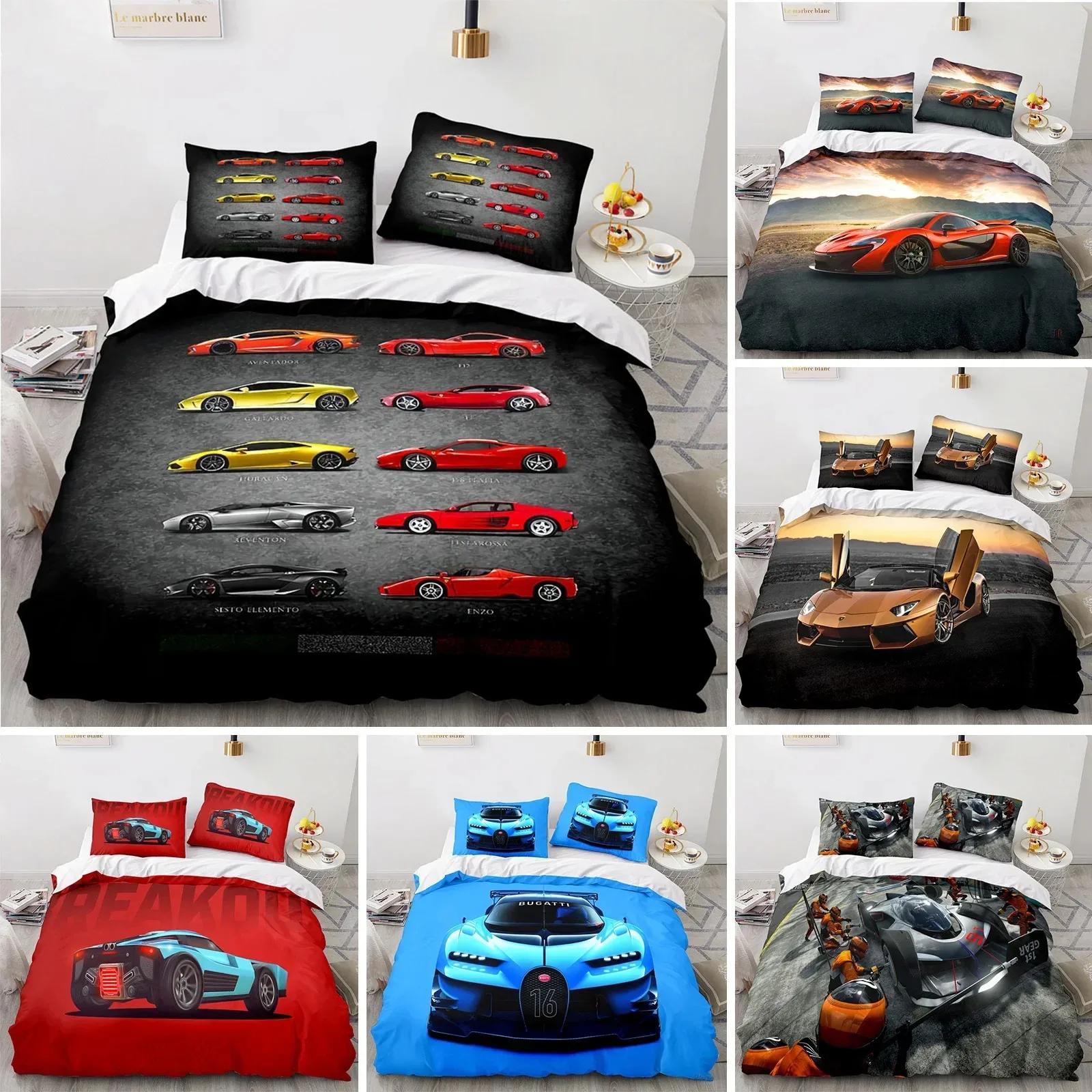 Sports Car King Queen Duvet Cover Cool Colorful Supercar Pattern Bedding Setfor Men Adult Race Car 3pcs Polyester Quilt Cover