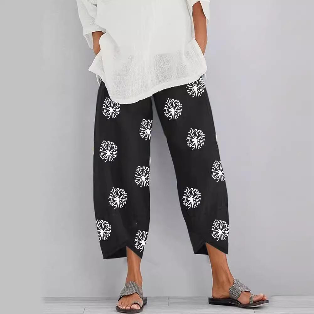 2020 Women's Loose Dandelion Print Elastic Waist Pocket Pants
