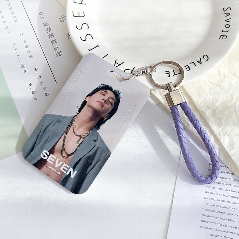 BTS Sliding Photocard Holder, Protective ID Badge Card Case with Braided Keychain Strap, Student Campus Bus Meal Card Protector Merch for ARMY
