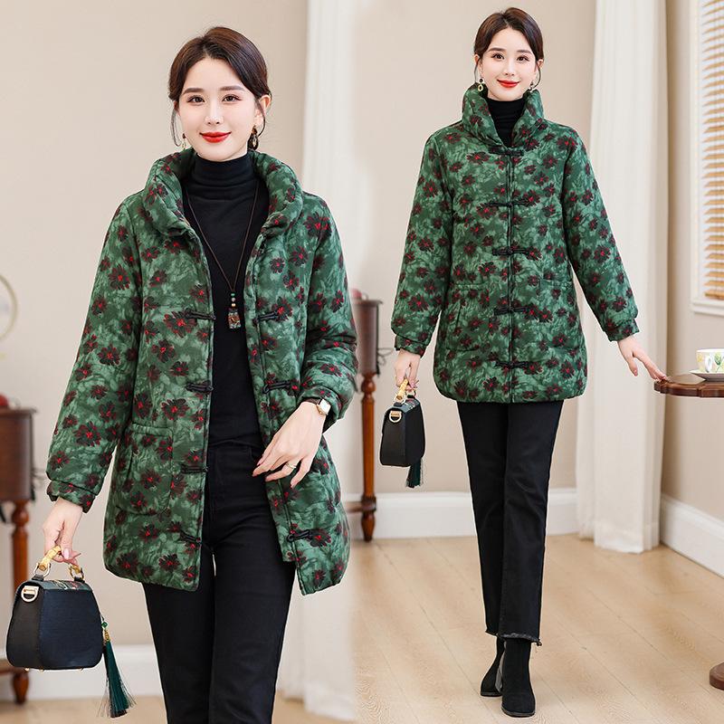 New Women's Cotton Jacket, New Chinese Mid-length Padded Jacket, Fleece Winter Jacket, Thickened Cotton Jacket