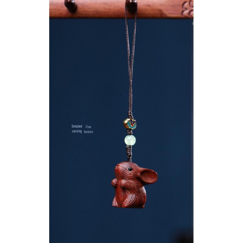 Rosewood Boxwood Green Sandalwood Carved Rabbit Phone Charm Pendant