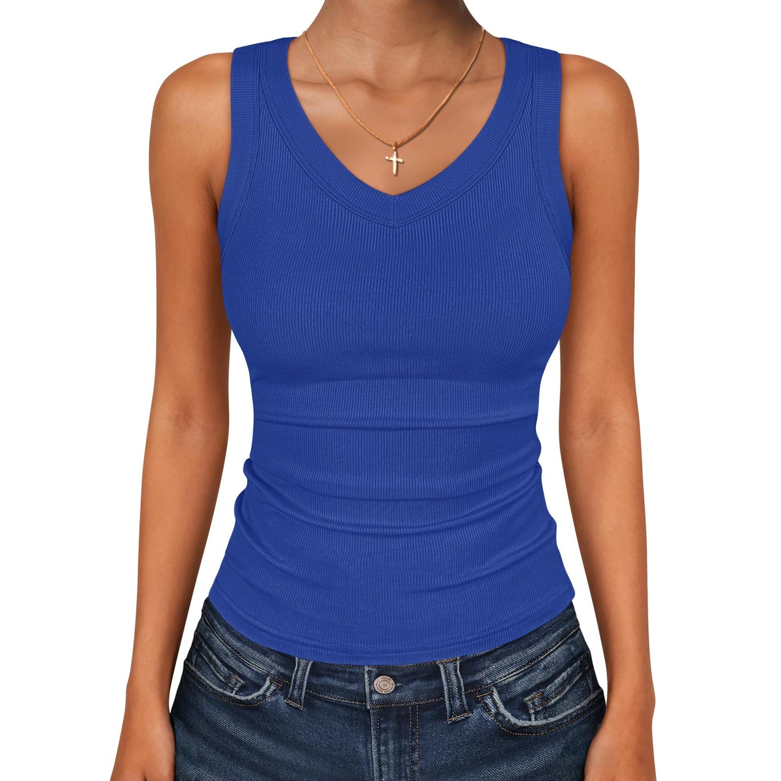 

Women Tank Tops Sleeveless Tops for Women V Neck Ribbed Tank Top Women Tank Top Fitted Basic Women s Tank Tops for Daily Wear L синій
