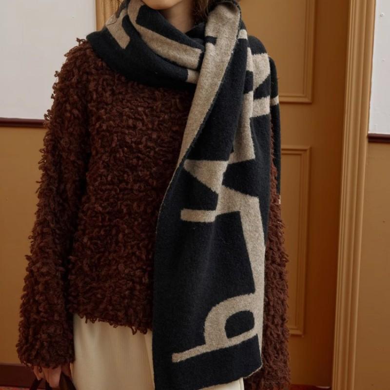 Winter Warm Wool Blend Scarf With Vintage Print Contrast Trim Soft Yak Hair Knit Shawl Women