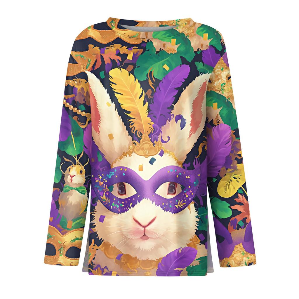 Women's Fashion Casual Slit Hem Round Neck Long Sleeve Loose Printed T-Shirt Top