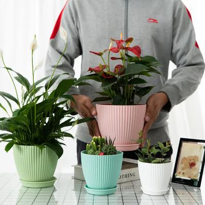 Round Striped Plastic Flower Pot with Tray Succulent Planter for Indoor Balcony Garden Decor