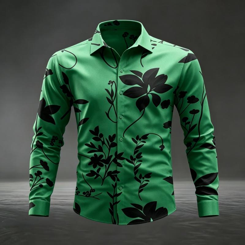 Herren Floral Leaf Print Langarmhemd Mode Slim Fit Button-Down Lässige Blusen Tops