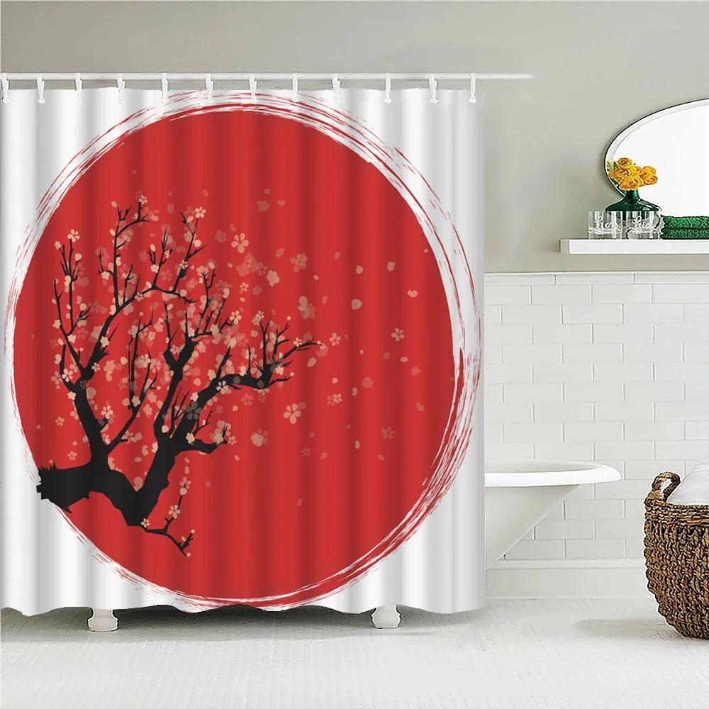 Duschvorhang im japanischen Stil 3D-Tuschemalerei Badezimmervorhang Wasserdicht mit Haken 180*240CM Duschvorhang Polyestergewebe