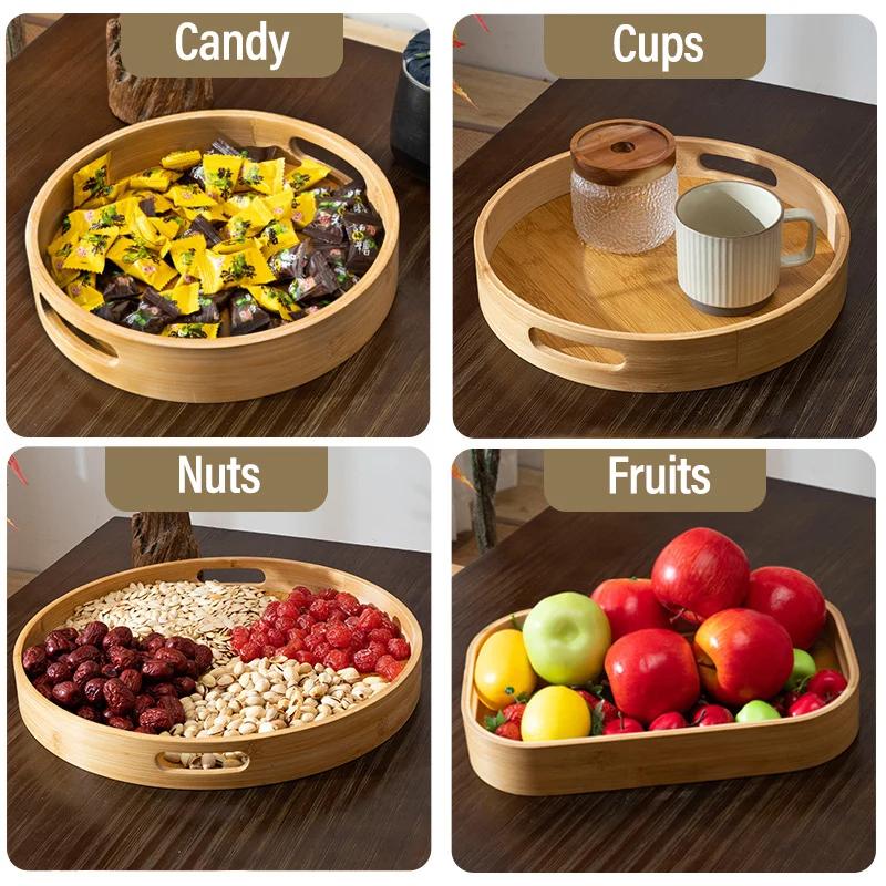 Bamboo Rectangular Round Tea Tray Simple Wooden Storage Trays Hotel Home Breakfast Dessert Food Serving Tray Kitchen Supplies