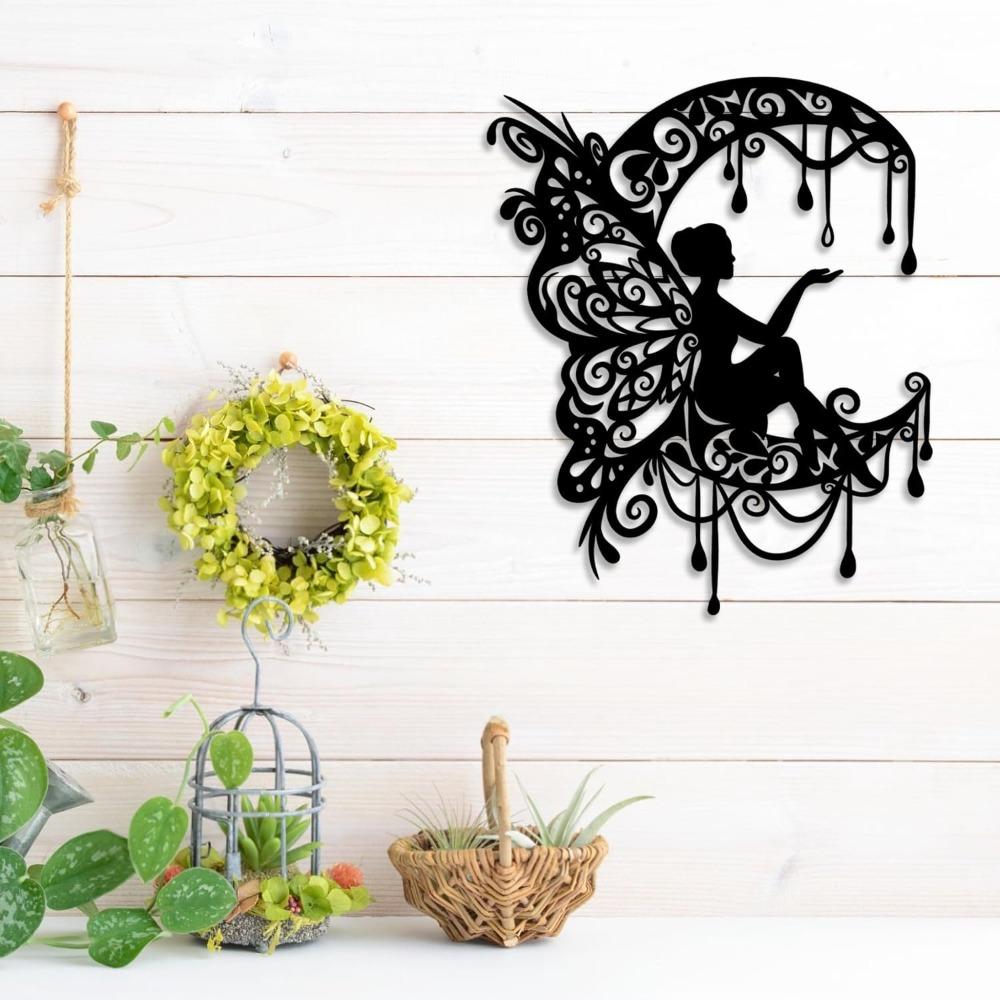 Handmade Iron Moon Flower Fairy Wall Art, Rustic Black Metal Decor for Living Room Bedroom Outdoor