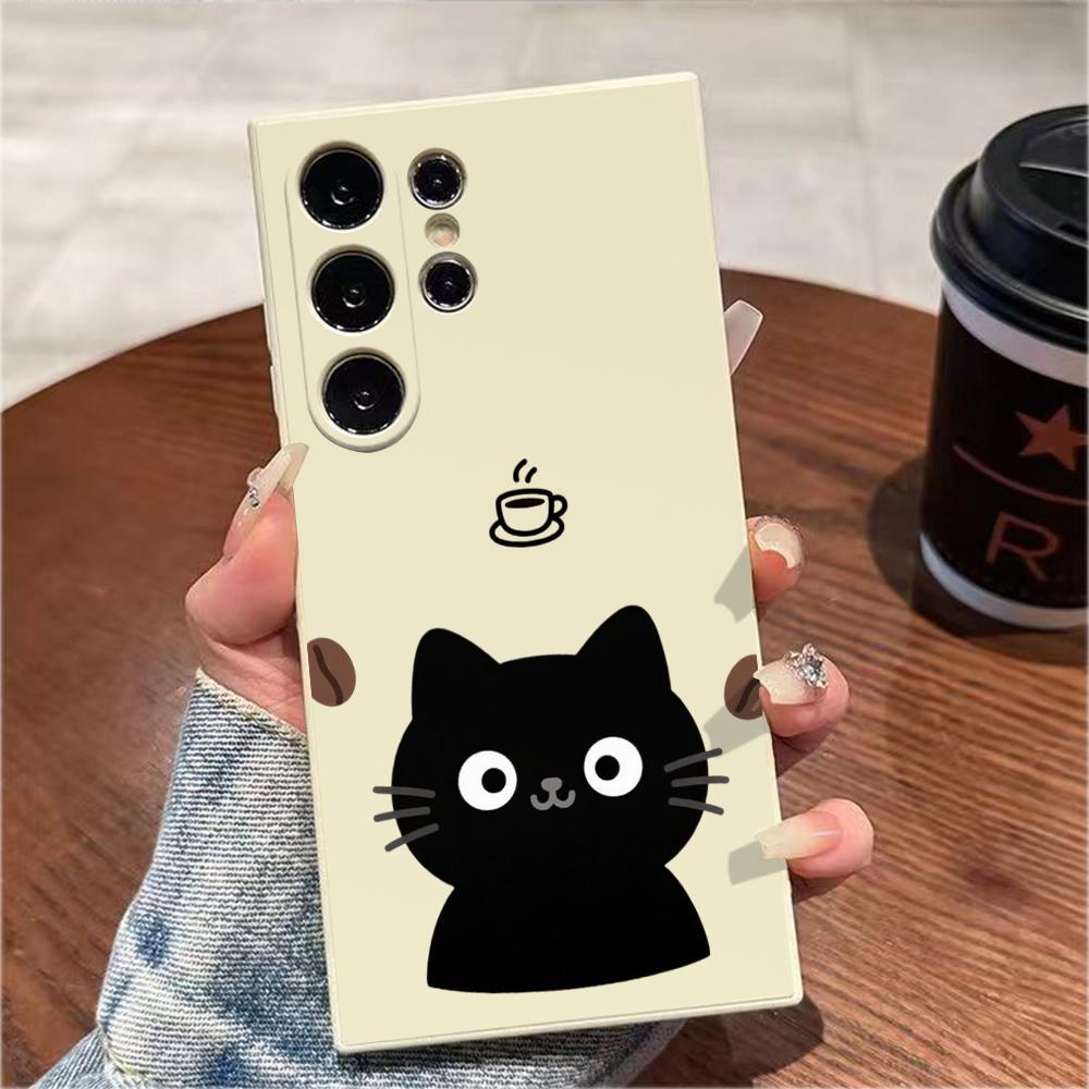 Black Cat with Coffee Elements Case for Samsung Galaxy S25 S24 Ultra S23 S22 S21 S20 FE Plus Soft TPU Slim Fit Shockproof Cover