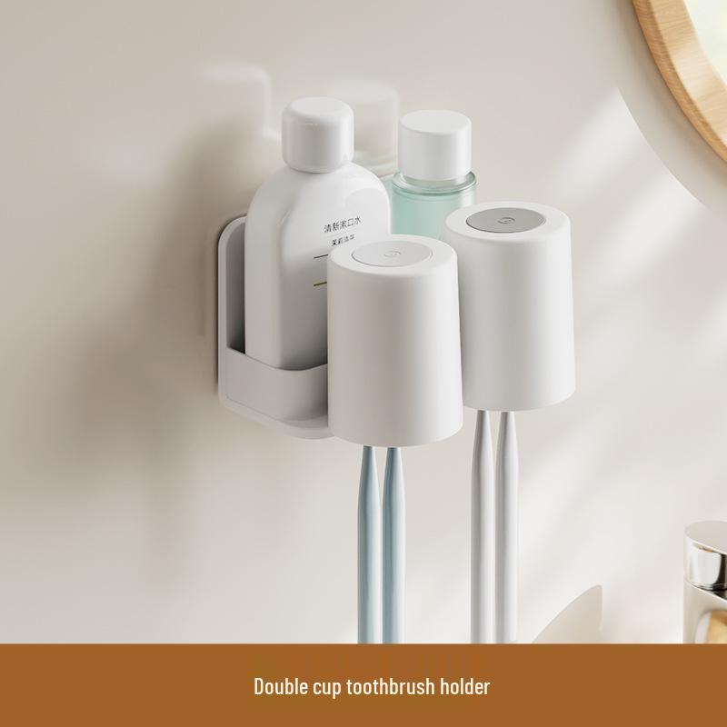 Wall-Mounted Toothbrush & Toothpaste Holder with Mouthwash Cup, Punch-Free
